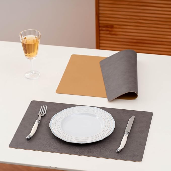 Placemats Set of 4 Reversible Dual-Color Table Placemats, Faux Leather 100% Waterproof Oil-Proof Wipeable Place Mats, Heat Resistant Dual Sided Table Mats for Kitchen/Dining/Party (Dark Brown&Yellow