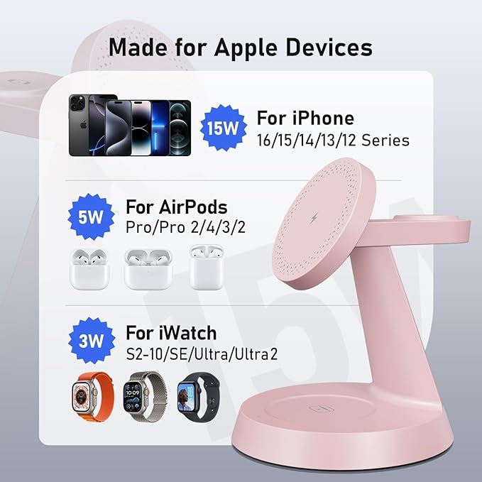 Charging Station 3 in 1 Wireless Charger for Apple Devices, 15W MagSafe Stand Compatible with iPhone 17 16 15 14 13 12 Pro Max Plus, Charging Dock for AirPods 4 3 2 & iWatch Series (Pink)