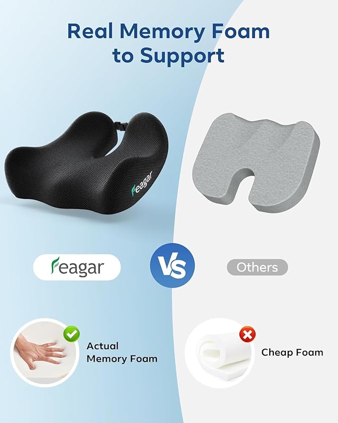 Feagar Seat Cushion for Office Chair - Memory Foam Tailbone Cushion for Desk Chair, Car Seat and Wheelchair - Ergonomic Chair Pad for Hip and Lower Back Comfort - Washable Mesh Cover