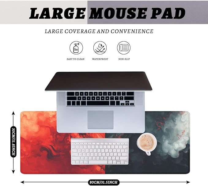 Cartoon Demon Mouse Pad Red Black Evil Japanese Ghost Face Extended Keyboard Mouse Mat for Computer Office, Big Laptop Mouse pad, Gaming Pc 31.5x11.8 in