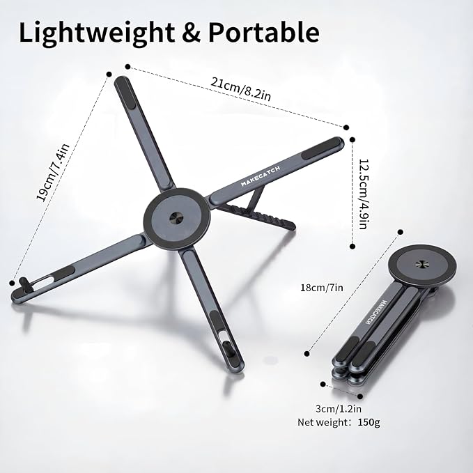 Adjustable Laptop Stand for Desk with Magnetic Phone Holder, MagSafe Compatible Portable Foldable Computer Riser for MacBook, iPhone, iPad, Tablet - Perfect for Office, Home, Traveling (black)