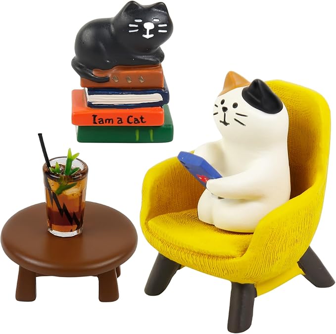 Cute Cat Home Decor Office Desk Accessories, Cats Playing Phone on Sofa and Drinking Coffee, Mini Kitty on Books Miniature Figurines Cats Decorations Gifts for Cat Lovers Computer Book Shelf Decor