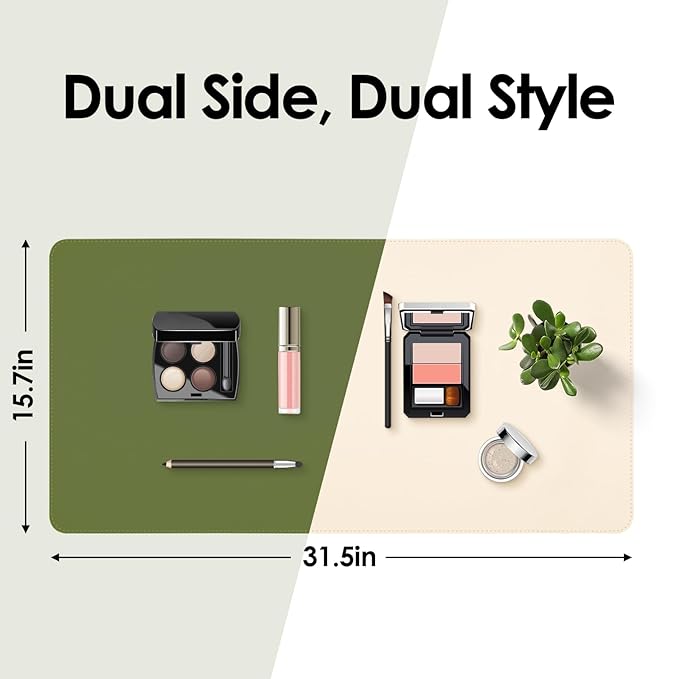 Makeup Mat for Vanity to Protect Desk Top 31.5 x 15.7 in, Dual-Sided Makeup Mat, Easy to Clean Desk Pad - Waterproof and Oilproof Vanity Accessories (Beige and Olive Green)