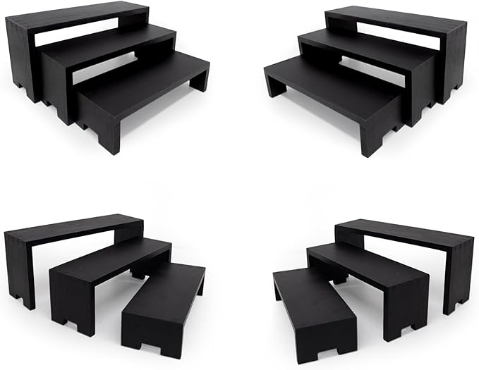 Yikaroeli 12Pcs Display Riser Black Wood Risers Small Wooden Stand 3 Tiered 4 Set Wood Racks Decorative Rectangular, Perfume Risers Cologne Organizer for Table(Black)
