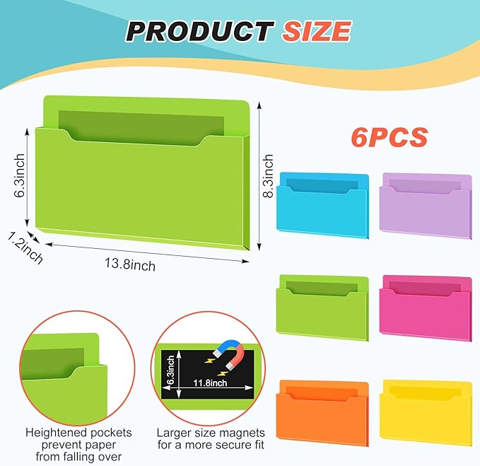 Fuutreo 6 Pcs Magnetic Wall File Organizer Magnetic Wall File Holder Refrigerator Magazine Holder for Mail Letters Paper(Bright Color,Horizontal-large)