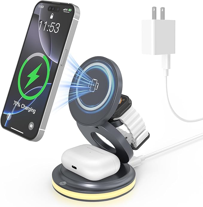 ZealSound 3-in-1 Foldable Magnetic Wireless Charger Stand, 15W Fast Charging Station with 30W Adapter and Warm Night Light for iPhone 17/16/15/14/13/12, Apple Watch & AirPods, for Home Office & Travel