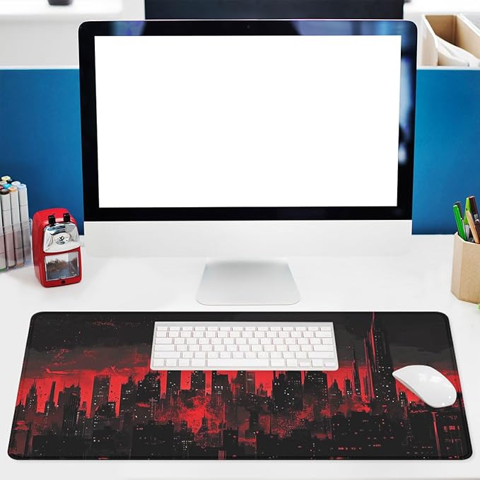 Dark City Mouse Pad Red Moon Gothic Skyline Neon Large Gaming Mouse Mat with Stitched Edges,Non-Slip Waterproof Rubber Base Mous Mat 31.5x11.8 Inch