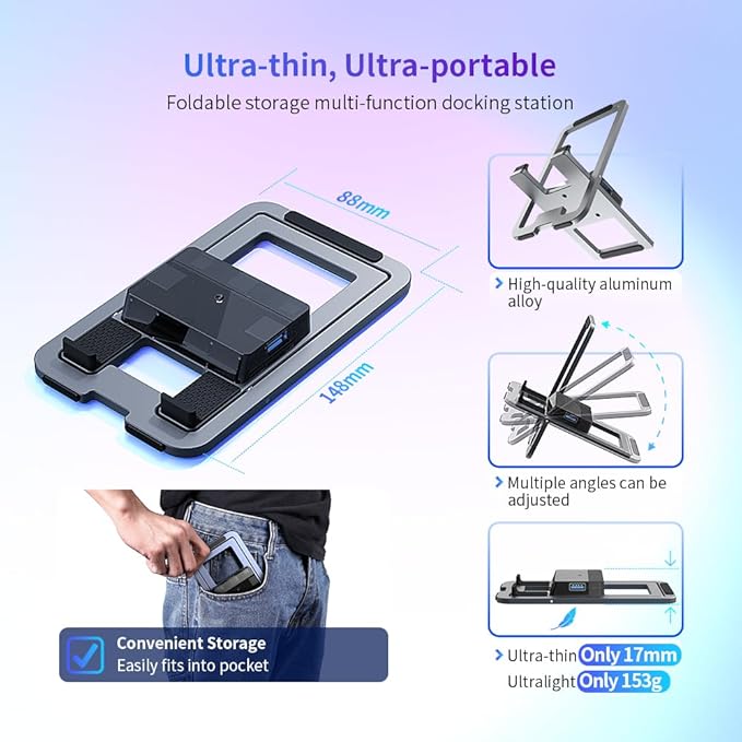 5-in-1 Ultra-Thin Foldable Gaming Docking Station for Switch 2, Steam Deck, ROG Ally X, Legion Go, Laptops, Portable Universal USB-C Hub with HDMI 4K@60Hz, PD 100W Charging, Adjustable Stand