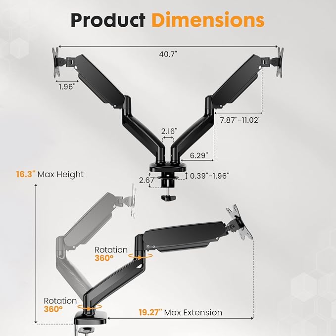 DUMOS Dual Monitor Mount for Desk, Gas Spring Monitor Arm for 2 Monitors Max 32 Inches, Fully Adjustable Double Monitor Mount, VESA Mount with C-Clamp/Grommet Base, Holds Screen 17.6 lbs