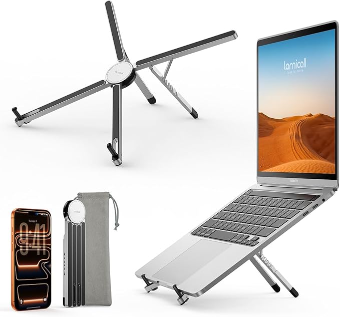 Lamicall Adjustable Laptop Stand for Desk - [0.25lb Ultralight] Foldable & Portable Laptop Riser, Aluminum Computer Stand for Travel Library Cafe fit MacBook Neo Air Pro HP Dell Lenovo Tablet - Silver