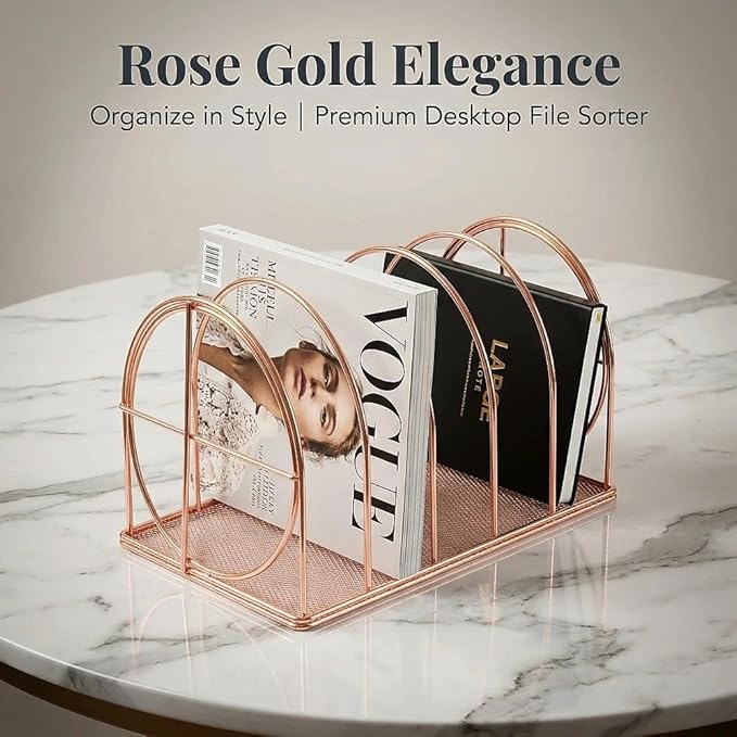 File Sorter Organizer, 5 Section Magazine Holder Rack, Desktop Round Wire Book Stand for Mail, Paper, Document, Folder, Record and Desk Accessories, Rose Gold