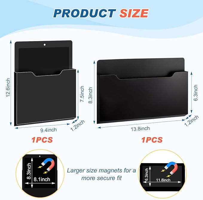Feifeiya 2 Pcs Magnetic File Folder Wall Hanging Holder Large Pocket Paper Magazine Mail Organizer for Refrigerator Classroom Locker Whiteboard(Mixed,Black,13.8 x 8.3 Inches,12.2 x 9.4 Inches)