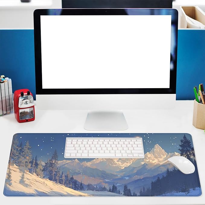 Winter Mountain Night Gaming Mouse Pad Starry Sky Snow Peaks Mousepad Extended Large Laptop Keyboard Non-Slip Rubber Base with Stitched Edges for Home 31.5 x 11.8 inch