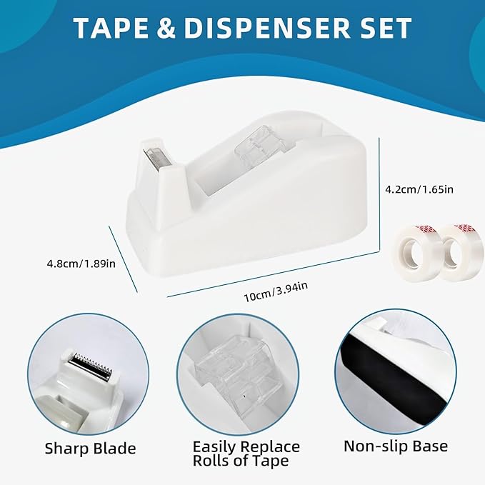 Ovatt White Desk Organizer Set - 15-Piece Office Supplies with 360° Rotating Pen Holder, Stapler, Tape Dispenser & Clips for Home Office