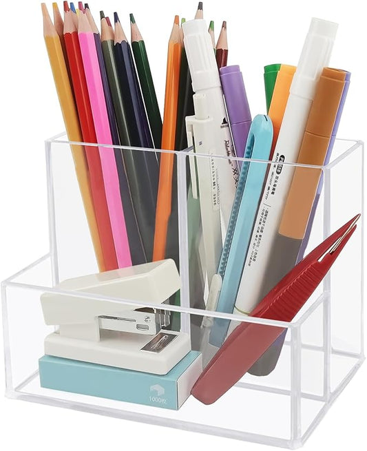 HSYMQ Desktop Clear Pen Holder with 3 Compartments, Acrylic Pencil Holders, Desk Organizers and Accessories