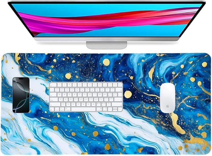 Modern Blue Marble Desk Mat, Luxurious PU Leather Desk Pad - Large Non-Slip Office Mat for a Stylish Gaming & Home Workspace, Aesthetic Desk Decor （27.56 * 13.78in）