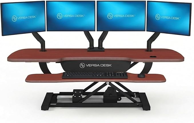 VERSADESK PowerPro 48 Inch Electric Standing Desk Converter – Push-Button Height Adjustable Sit to Stand Desk Riser for Multiple Monitors – Motorized Desktop Workstation with Wide Keyboard Tray,