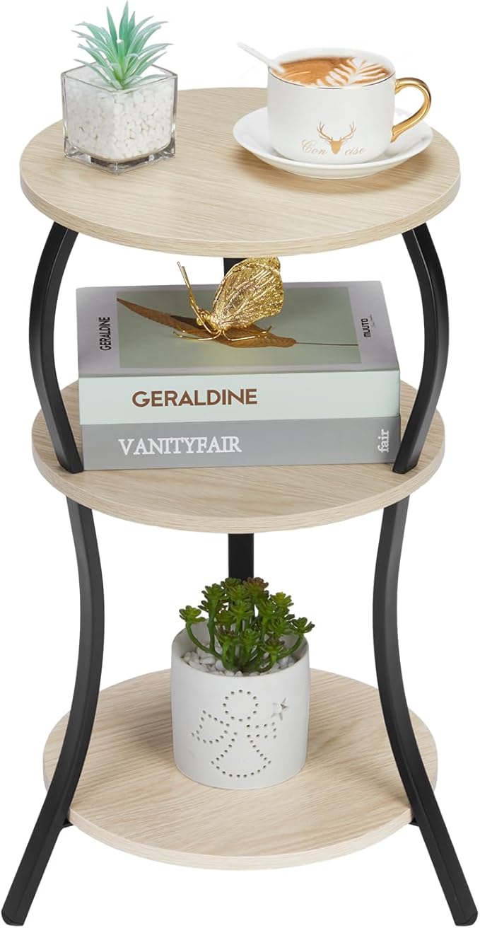 Vintage Small Round Side Table, 3-Tier Slim Waist Circular End Table with Storage Shelf, Compact Tea Sofa Side Table, Round Corner Coffee Table Nightstand for Living Room Bedroom Small Spaces,Oak