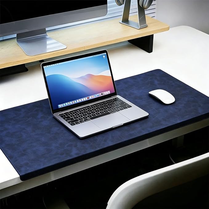 Leather Edge-Locked Desk Pad with Edge Protector, Non-Slip Large Office Computer Mouse Mat, Waterproof Desk Blotter Table Protective Pad for Writing Work (Navy,39.4"x16.9")