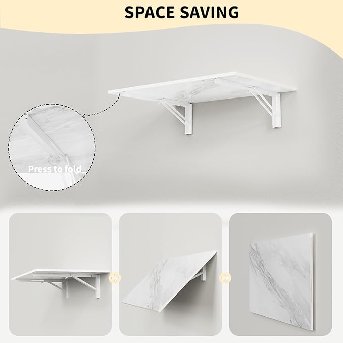 GOYLSER Wall Mounted Table Fold Down Workbench Length 25" Width 15.7", White Marble Laundry Floating Desk for the Garage/Shed/Office/Bar/Home Kitchen & Dining Room