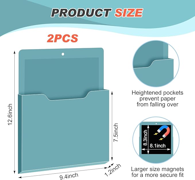 Feifeiya 2 Pcs Magnetic File Folder Wall Hanging Holder Large Pocket Paper Magazine Mail Organizer for Refrigerator Classroom Locker Whiteboard(Vertical,Haze Blue,12.2 x 9.4 Inches)
