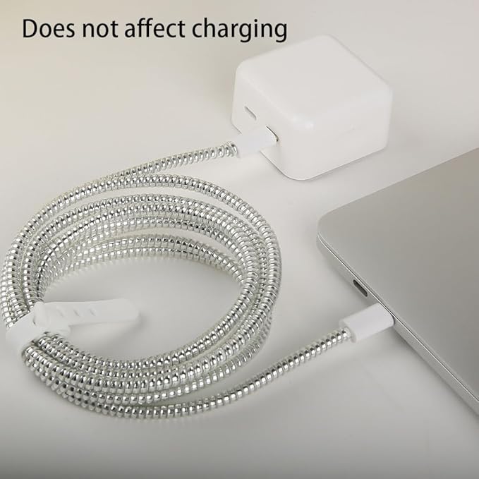 4.8M(15.75FT) Spiral Cable Protector, Multicolor Suitable for Most Phone/Pad/Laptop USB Wire Cord Savers Protection Cover Anti-Break Wrap Charger Data Line Cables Sleeves, Laser Silver