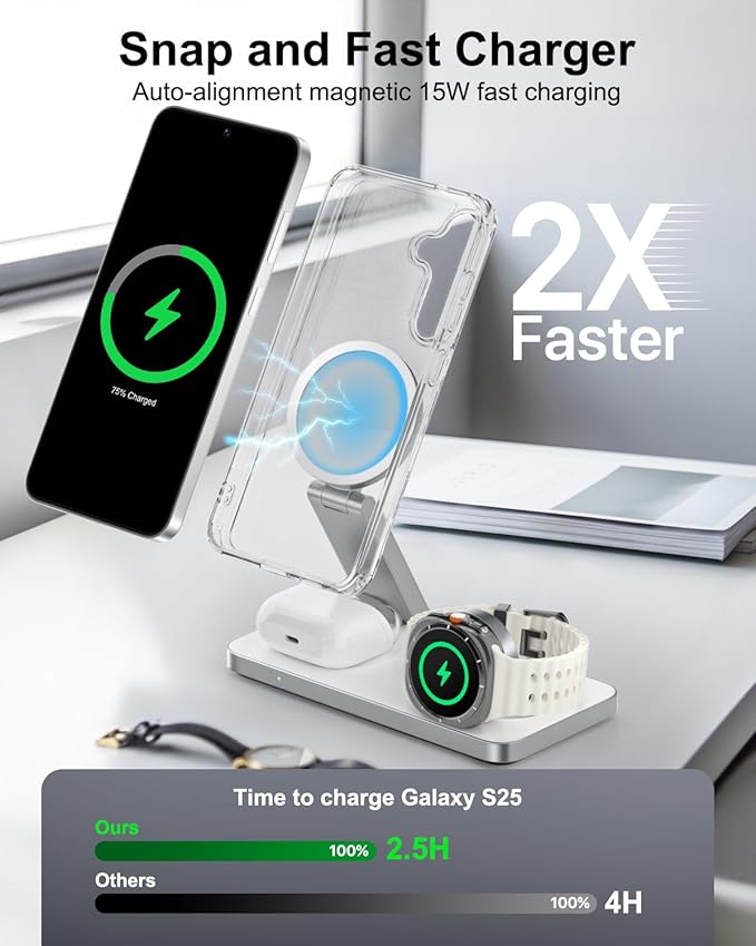 3-in-1 Magnetic Wireless Charging Station for Samsung, Qi2 25W Fast Charger Stand Compatible with MagSafe for Galaxy S26/S25/S24/S23/Z Fold/Flip, Watch Ultra/8/7/6/5 & Buds, with 35W Adapter-White