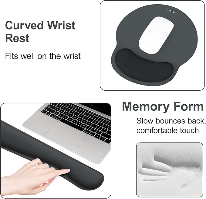 MOSISO Wrist Rest Support for Mouse Pad&Keyboard Set, Streamline Ergonomic Mousepad&Coaster Non-Slip Base Home/Office Pain Relief&Easy Typing Pad with Soft Cloth&Silicone Lining, Slate Gray