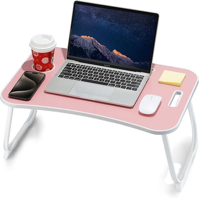 ZEAPTAC Laptop Bed Desk, Foldable Lap Desk, Portable Lap Table, Laptop Stand with Cup Holder & Tablet Slot & Lifting Handle for Working Writing Drawing & Eating - Rose Pink