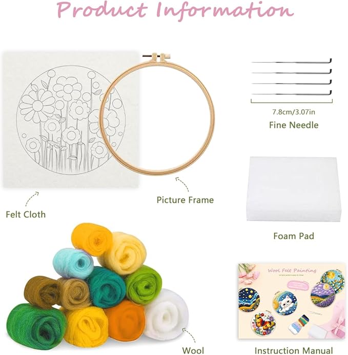 yesJRL Needle Felt Starter Set, Includes Colorful Wool, Felting Needles, Foam Pad, Felt Cloth & Instructions, Futuristic Style Kit for Home Decoration (Purple)