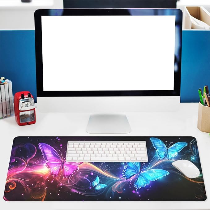 Neon Butterfly Desk Mat Magic Colorful Fantasy Dream Mousepad XL Large Gaming Mouse Pad Laptop Keyboard Mat Desk Pad 31.5"x11.8"