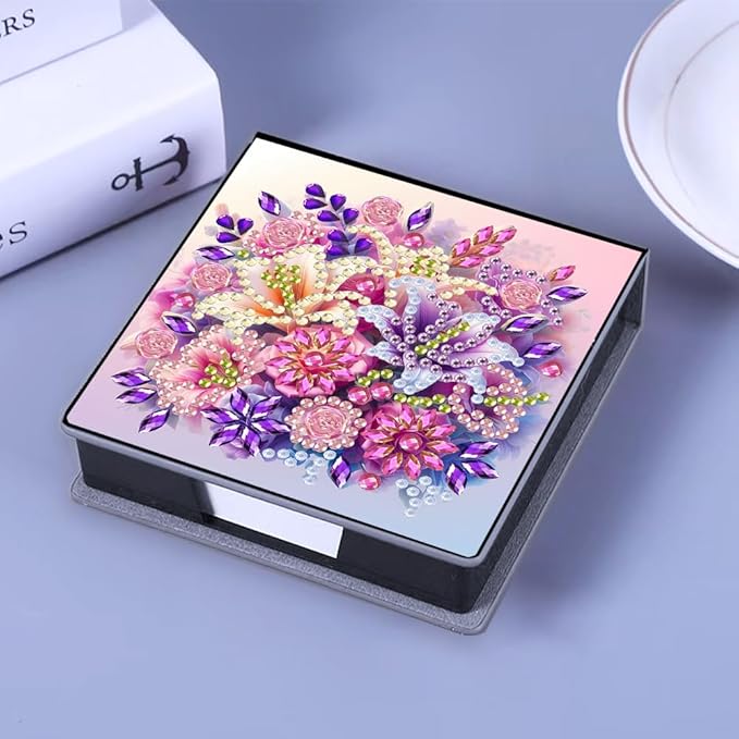 FRANDEK Flowers Creative Diamond Art Desk Organizer, DIY PU Note Box with 160 Sheets, All-in-One Gift Set for Craft Lovers, Elegant Mosaic Kits for Home & Office
