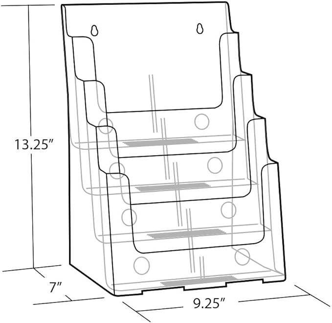 Azar Displays 252376 Four Tier, Four Pocket Letter Brochure File Holder for Flyer, Office Supplies, Paper Document or Magazines, Clear Organizer for Wall and Counter Desktop Stand, 8.5" x 11"