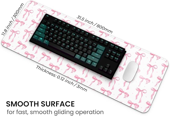 MAY FLOWER Gaming Mouse pad, Large Laptop Mousepad, Full Keyboard Mat, Long Computer Mouse Mat for Home and Office, Anti-Slip Rubber Base, 31.5 x 11.8 Inches (Coquette Bow)