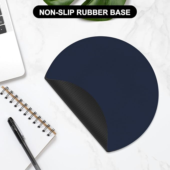 Leather Mouse Pad, Office Mouse Mat Non-Slip Rubber Base Stitched Edge Washable Waterproof Round Mousepad for Office Gaming PC Laptop, Round Diameter 8.7 inches, Dark Blue