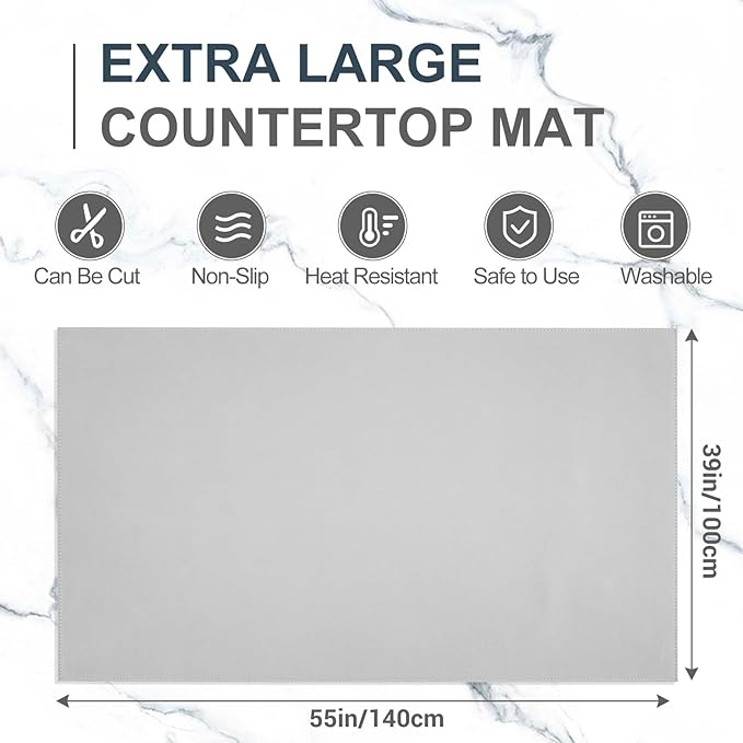 Zhehao 39'' x 55'' Large Countertop Protector Mat, Waterproof Heat Resistant PU Leather Top Table Cover Protector for Kitchen Dining Room, Crafting Desk, Gray