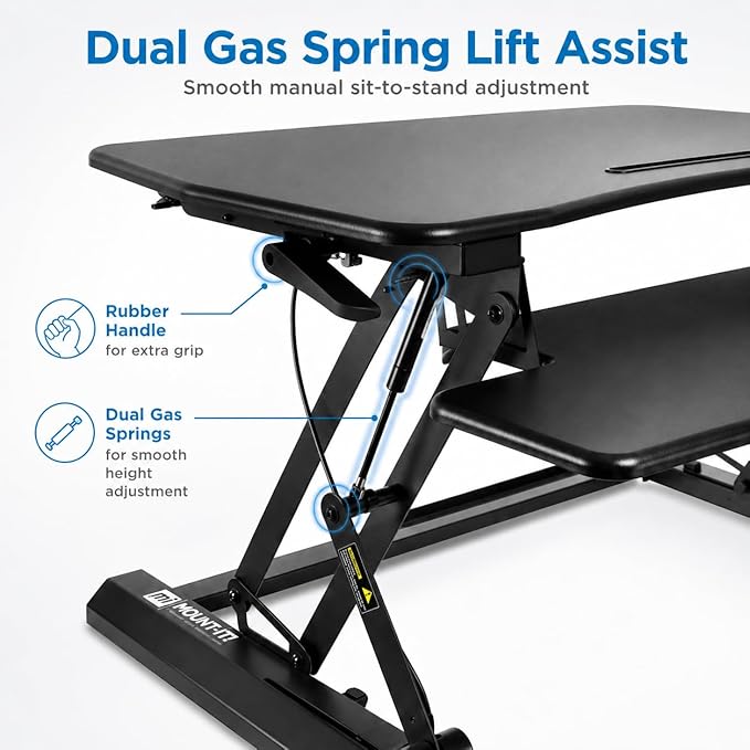 Mount-It! 35.5" Standing Desk Converter with Keyboard Tray – Adjustable Sit Stand Desk Riser for Dual Monitors – Dual Gas Spring Height Adjustable Desktop Workstation Topper – Black