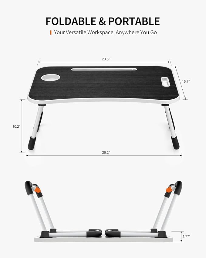 FISYOD Foldable Laptop Table, Portable Lap Desk Bed Table Tray, Laptop Stand with Cup Holder & Tablet Slot & Lifting Handle for Working Writing Drawing & Eating (Black)