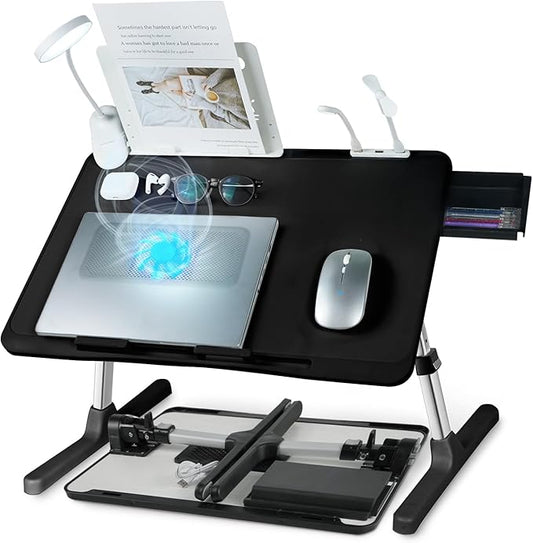 iXTRA Laptop Lap Desk with Cooling Fan - Adjustable with Light, USB, Storage Drawer - Folding Bed Desk,22.04"*12.59",Black