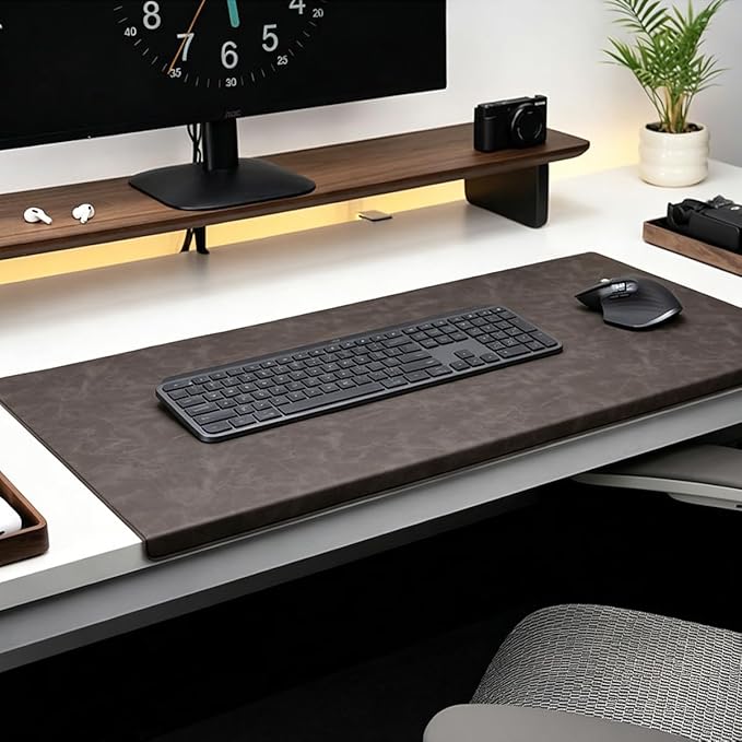 Leather Edge-Locked Desk Pad with Edge Protector, Non-Slip Large Office Computer Mouse Mat, Waterproof Desk Blotter Table Protective Pad for Writing Work (Dark Grey,23.6"x11.8")