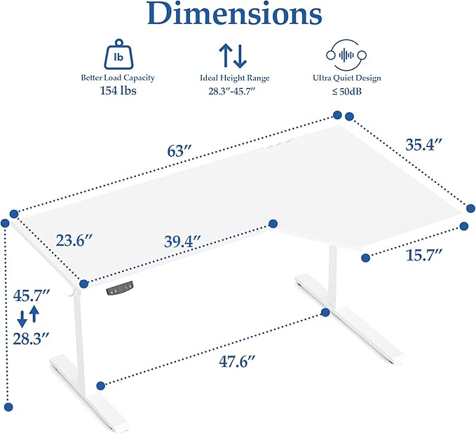 Klicelor L Shaped Standing Desk 63 x 35.4 Inch, Electric Height Adjustable Corner Desk for Home Office Workstation, Ergonomic Sit Stand Computer Table with Memory Controller, White