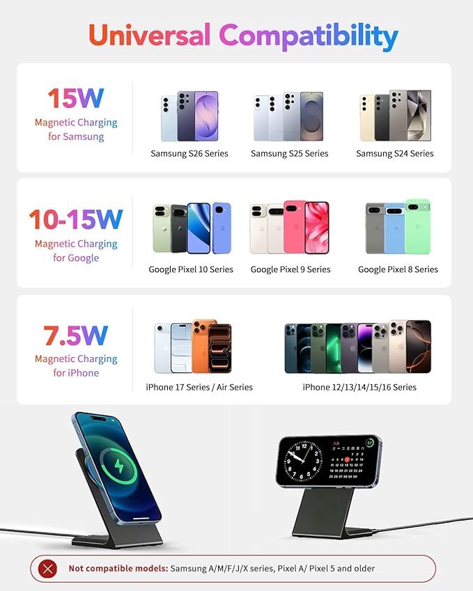 Magnetic Phone Charger Stand, Hands-Free Phone Holder, for iPhone 17-12 Samsung S26/S25 Google Pixel 10, Ideal for Office Desktop Nightstand, Qi-Certified, Matt Black, No Adapter