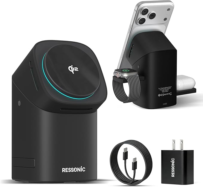 3 in 1 Wireless Charging Station for Apple & Samsung, Qi2 Certified 15W Fast Magnetic Wireless Charger Stand for Magsafe iPhone 17/16/15/14/13/12 Pro Max, Galaxy S25/24/23/22, AirPods, iWatch