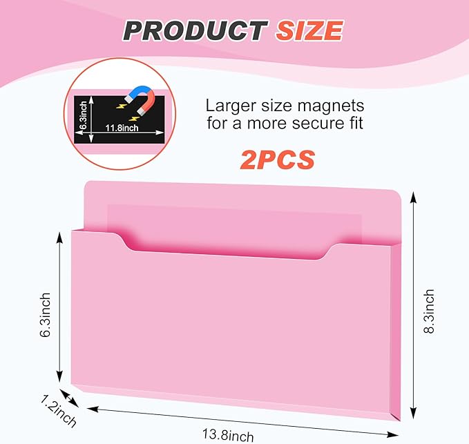 Feifeiya 2 Pcs Magnetic File Folder Wall Hanging Holder Large Pocket Paper Magazine Mail Organizer for Refrigerator Classroom Locker Whiteboard(Horizontal,Pink Color,13.8 x 8.3 Inches)