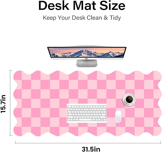 Scalloped Pink Desk Mat, 31.5" x 15.7" Waterproof Large Desk Mat, Non-Slip Computer Mouse Pad and Keyboard Mat, Pink Cute Desk Mat for Office, Work, Home, or Vanity