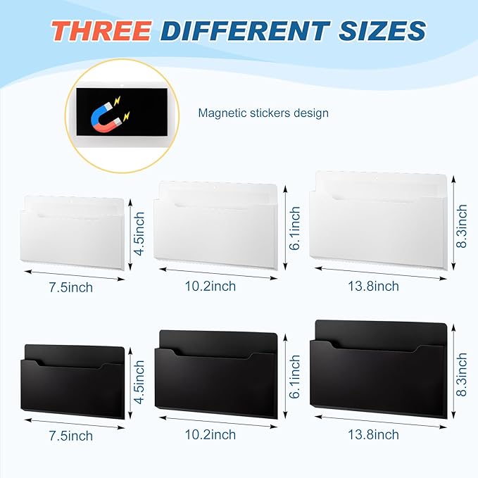 Fuutreo 6 Pcs Magnetic Wall File Organizer Magnetic Wall File Holder Refrigerator Magazine Holder for Mail Letters Paper(Black, White,Horizontal-3 Mixed Size)
