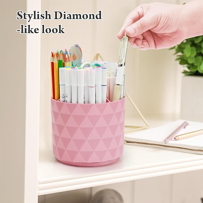 Cute Pencil Holders For Desk,360-Degree Rotating Pen Holders For Home Office,Diamond-like Pen Organizer With 5 Compartments,Stylish Desk Accessories For Office,School ,Home ,Art Supply (Pink)