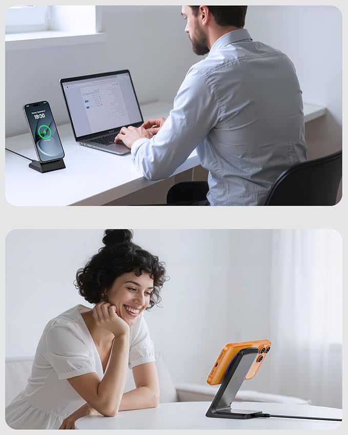 Magnetic Phone Charger Stand, Hands-Free Phone Holder, for iPhone 17-12 Samsung S26/S25 Google Pixel 10, Ideal for Office Desktop Nightstand, Qi-Certified, No Adapter (2 Pack, Onxy Black)