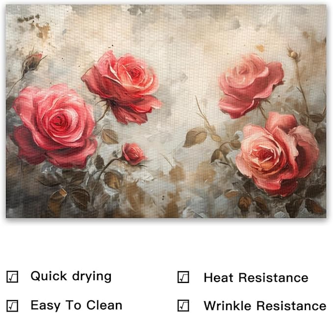 Placemats Set of 4 Waterproof Oilproof Table Mats Vintage Rose Pattern Washable Wipeable Heat Resistant Easy to Clean for Indoor Outdoor Party Kitchen Dining Table Decoration 12 * 18in