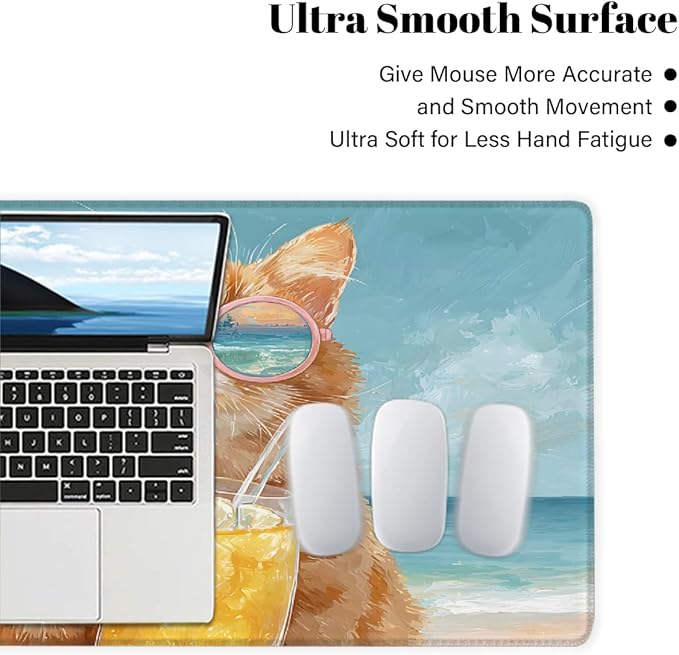 Cat Beach Funny Large Mouse Pad Non-Slip Rubber Long Gaming Desk Mat Big Computer Keyboard Mousepad Waterproof Protector Wristing Pad for Gaming Office Home Decorative 31.5 X 11.8 Inch